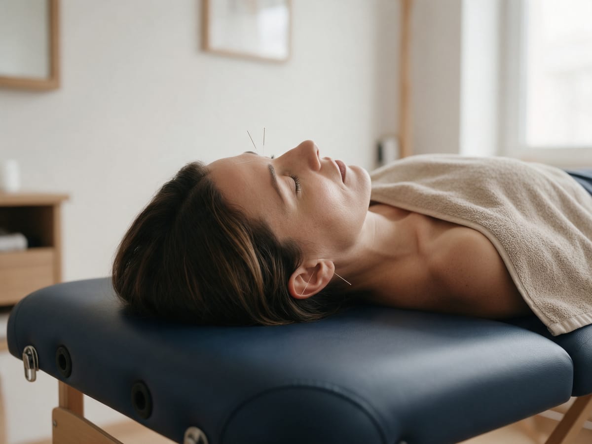 Paciente relaxada durante sessão de acupuntura para ansiedade e estresse